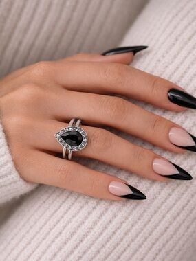 Black Onyx Pear Halo Ring | Double Band | Size 5.5–6